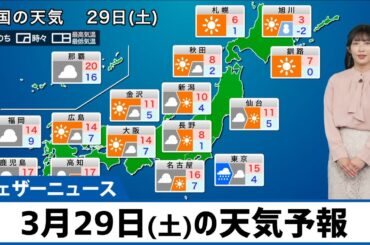 【3月29日(土)の天気予報】関東は冷たい雨　西日本、北日本は日差し届く