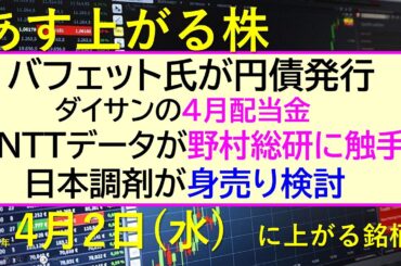あす上がる株　2025年４月２日（水）に上がる銘柄。バフェット氏が円債発行。NTTデータが野村総研に触手。日本調剤が身売り検討。ダイサンの４月配当金～最新の日本株情報。高配当株の株価やデイトレ情報～