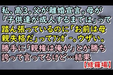 【修羅場】私、高3。父が離婚宣言。母が「子供達が成人するまでは」って踏ん張っているのに「おまえは母親失格だ」ってフンガー。ウザい。勝手に「親権は俺が」とか勝ち誇って言ってるけど…結果