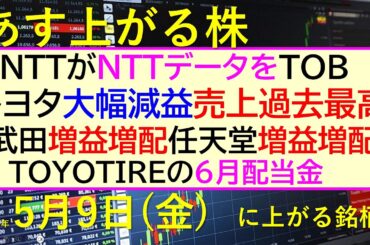 あす上がる株　2025年５月９日（金）に上がる銘柄。NTTがNTTデータをTOB。トヨタ大幅減益だが売上は過去最高。武田は増益増配、任天堂は増益増配。～最新の日本株情報。高配当株の株価やデイトレ情報～