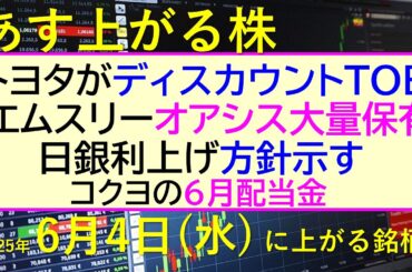 あす上がる株　2025年６月４日（水）に上がる銘柄。トヨタがディスカウントTOB。エムスリーをオアシスが大量保有。日銀が利上げ方針。コクヨの６月配当金～最新の日本株情報。高配当株の株価やデイトレ情報～