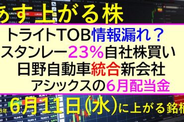 あす上がる株　2025年６月１１日（水）に上がる銘柄。スタンレー電気23%自社株買い。トライトTOB情報漏れ？日野自動車、統合新会社。アシックスの配当～最新の日本株情報。高配当株の株価やデイトレ情報～