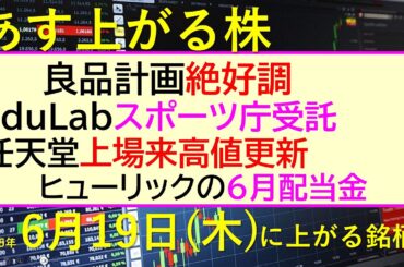 あす上がる株　2025年６月１９日（木）に上がる銘柄。良品計画が絶好調。任天堂は上場来高値更新。ＥｄｕＬａｂがスポーツ庁受託。ヒューリックの６月配当金～最新の日本株情報。高配当株の株価やデイトレ情報～