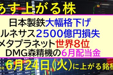 あす上がる株　2025年６月２４日（火）に上がる銘柄。日本製鉄大幅格下げ。ルネサス2500億円損失。メタプラネット世界８位。ＤＭＧ森精機の６月配当金。～最新の日本株情報。高配当株の株価やデイトレ情報～