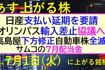 あす上がる株　2025年７月１日（火）に上がる銘柄。日産が支払い延期を要請。オリンパス輸入差止協議へ。高島屋下方修正。自動車株全滅。サムコの7月配当金～最新の日本株情報。高配当株の株価やデイトレ情報～