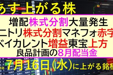 あす上がる株　2025年７月１６日（水）に上がる銘柄。増配株式分割大量発生。ニトリ株式分割、マネフォ赤字。ベイカレント増益、東宝上方。良品計画８月配当～最新の日本株情報。高配当株の株価やデイトレ情報～