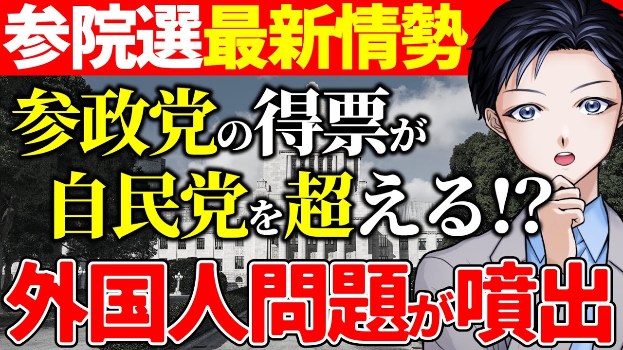 【参院選】参政党が比例代表で自民党を上回る!?衝撃の最新情勢調査が判明!外国人問題が自公過半数割れと石破政権崩壊を招く【政治・選挙】 【参院選】参政党が比例代表で自民党を上回る!?衝撃の最新情勢調査が判明!外国人問題が自公過半数割れと石破政権崩壊を招く【政治・選挙】