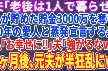 【スカッとする話】夫「老後は1人寂しく暮らせw」私が貯めた老後資金3,000万を奪われ離婚宣言された…私「本当！？助かるわw」「強がるなw｣→1ヶ月後、半狂乱の元夫が現れw
