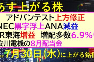 あす上がる株　2025年７月３０日（水）に上がる銘柄。アドバンテスト上方修正。NEC黒字浮上、ＡＮＡ減益。JR東海増益。増配多数6.9%。安川電機配当～最新の日本株情報。高配当株の株価やデイトレ情報～
