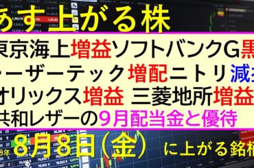 あす上がる株　2025年８月８日（金）に上がる銘柄。東京海上増益。ソフトバンクＧ黒字。レーザーテック増配。ニトリ減益。オリックス増益。三菱地所増益～最新の日本株情報。高配当株の株価やデイトレ情報～