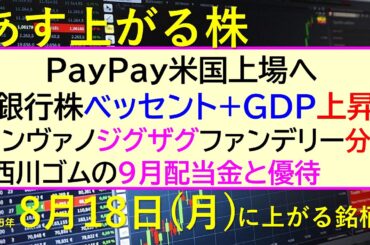 あす上がる株　2025年８月１８日（月）に上がる銘柄。PayPay米国上場へ。銀行株、ベッセント+GDP上昇。コンヴァノ、ジグザグ、ファンデリー分割～最新の日本株情報。高配当株の株価やデイトレ情報～