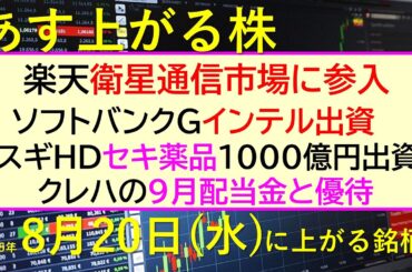 あす上がる株　2025年８月２０日（水）に上がる銘柄。楽天が衛星通信市場に参入。ソフトバンクGがインテルに出資。スギHDがセキ薬品に1000億円出資。～最新の日本株情報。高配当株の株価やデイトレ情報～