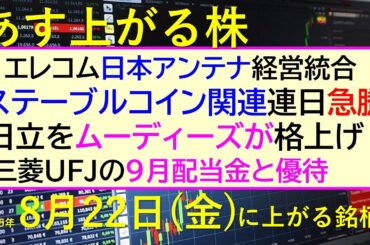 あす上がる株　2025年８月２２日（金）に上がる銘柄。ムーディーズ日立を格上げ。エレコム日本アンテナ経営統合。ステーブルコイン連日急騰。三菱ＵＦＪ配当～最新の日本株情報。高配当株の株価やデイトレ情報～