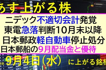 あす上がる株　2025年９月４日（木）に上がる銘柄。ニデック不適切会計発覚。東電急落、判断１０月末以降。日本郵政軽自動車停止処分。日本郵船の９月配当金～最新の日本株情報。高配当株の株価やデイトレ情報～