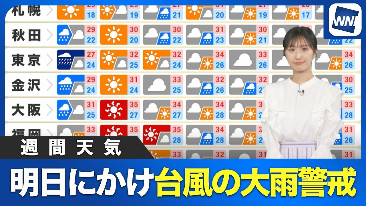 【週間天気】明日にかけ台風の大雨警戒 週末は暑さ戻る 【週間天気】明日にかけ台風の大雨警戒 週末は暑さ戻る