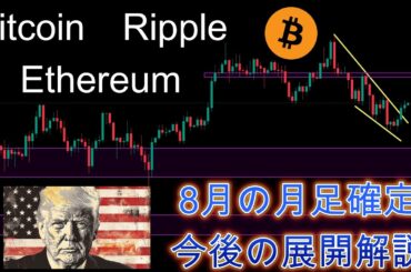 BitcoinやEthereumの今後の展開解説。仮想通貨市場8月の月足確定。暗号資産（仮想通貨）【BTC、ETH、XRP】