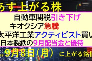 あす上がる株　2025年９月８日（月）に上がる銘柄。キオクシアが急騰。太平洋工業をアクティビスト買い進み。自動車関税、引き下げ。日本製鉄の９月配当金～最新の日本株情報。高配当株の株価やデイトレ情報～