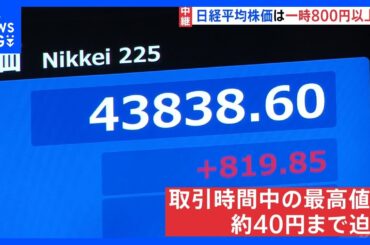 日経平均株価一時800円以上値上がり　取引時間中の最高値に迫る　次期政権へ期待先行　石破総理の辞任表明受け｜TBS NEWS DIG