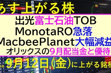 あす上がる株　2025年９月１２日（金）に上がる銘柄。出光富士石油TOB。ＭｏｎｏｔａＲＯ急落。MacbeePlanet大幅減益。オリックスの９月配当～最新の日本株情報。高配当株の株価やデイトレ情報～