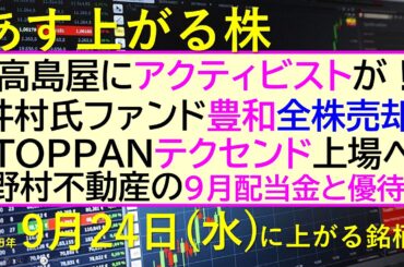 あす上がる株　2025年９月２４日（水）に上がる銘柄。高島屋アクティビスト！井村氏ファンドが豊和全株売却。ＴＯＰＰＡＮがテクセンド上場。野村不動産配当～最新の日本株情報。高配当株の株価やデイトレ情報～