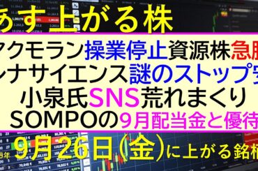 あす上がる株　2025年９月２６日（金）に上がる銘柄。マクモラン操業停止資源株急騰。レナサイエンス謎のストップ安。小泉氏SNS大荒れ。ＳＯＭＰＯ配当～最新の日本株情報。高配当株の株価やデイトレ情報～