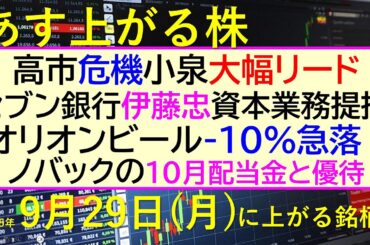 あす上がる株　2025年９月２９日（月）に上がる銘柄。高市危機、小泉大幅リード。セブン銀行伊藤忠、資本業務提携。オリオンビール１0％急落。ノバック配当～最新の日本株情報。高配当株の株価やデイトレ情報～
