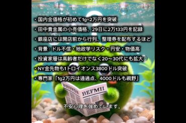 国内の金価格、初の1g=2万円突破　円安・インフレで安全資産に人気集中 #一分でわかる #時事ネタ #金価格 #ゴールド投資 #円安