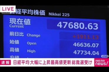 日経平均株価　先週末比1000円超上昇　史上最高値更新　自民党総裁選の結果受け(2025年10月6日)