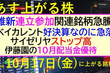あす上がる株　2025年１０月１７日（金）に上がる銘柄。維新連立参加、関連銘柄急騰。ベイカレント好決算なのに急落。サイゼリヤ、ストップ高。伊藤園の配当～最新の日本株情報。高配当株の株価やデイトレ情報～