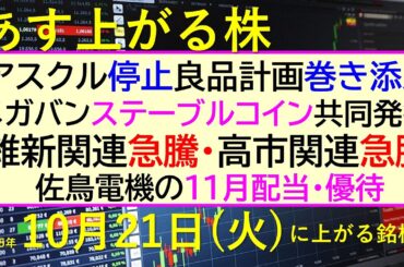 あす上がる株　2025年１０月２１日（火）に上がる銘柄。アスクル停止、良品計画巻き添え。メガバン、ステーブルコイン発行。維新・高市急騰。佐鳥電機の配当～最新の日本株情報。高配当株の株価やデイトレ情報～