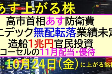 あす上がる株　2025年１０月２４日（金）に上がる銘柄。高市首相あす防衛費。ニデック、無配転落業績未定。造船１兆円官民投資。コーセルの１1月配当・優待～最新の日本株情報。高配当株の株価やデイトレ情報～