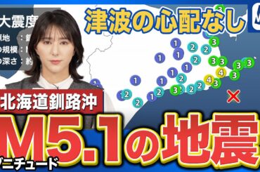 【地震情報】釧路沖でM5.1の地震　最大震度4　津波の心配なし