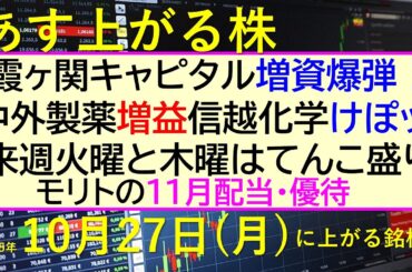 あす上がる株　2025年１０月２７日（月）に上がる銘柄。霞ヶ関キャピタル増資爆弾！中外製薬増益。信越化学けぽッ。来週火曜と木曜はてんこ盛り。モリト配当～最新の日本株情報。高配当株の株価やデイトレ情報～