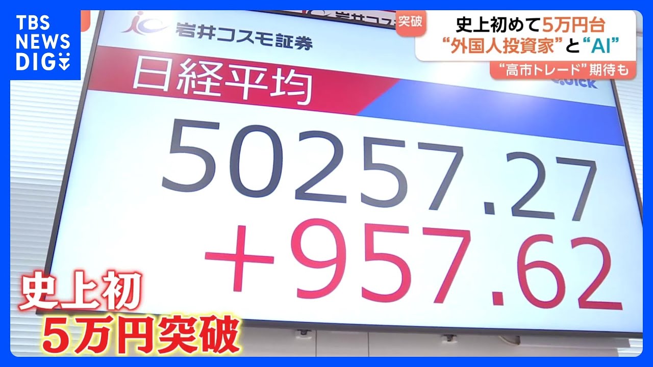 史上初5万円突破 日経平均株価 背景に拡大続けるAI市場・外国人投資家による海外マネーの流入 「5万円」定着するか…|TBS NEWS DIG 史上初5万円突破 日経平均株価 背景に拡大続けるAI市場・外国人投資家による海外マネーの流入 「5万円」定着するか…|TBS NEWS DIG