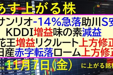 あす上がる株　2025年１１月７日（金）に上がる銘柄。サンリオ急落。助川S安。ＫＤＤＩ増益。味の素減益。花王増益。リクルート上方。日産赤字。ローム上方～最新の日本株情報。高配当株の株価やデイトレ情報～
