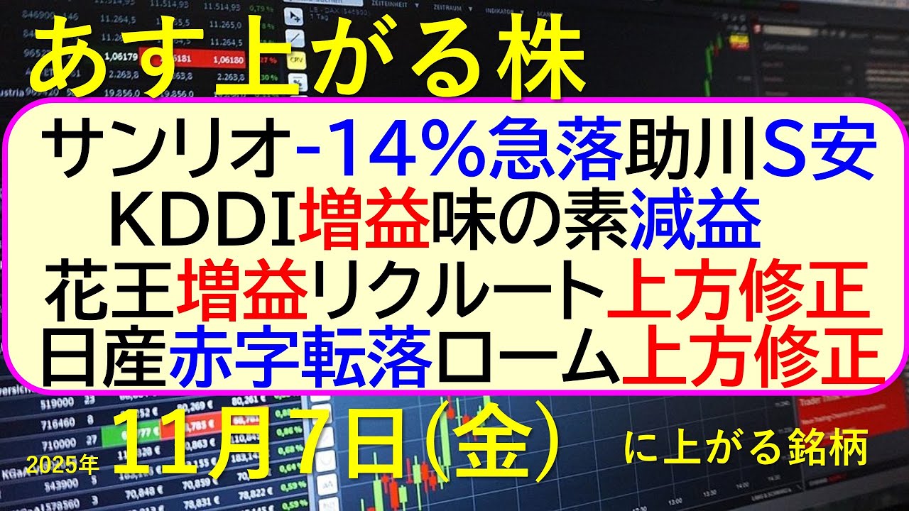 あす上がる株 2025年11月7日(金)に上がる銘柄。サンリオ急落。助川S安。KDDI増益。味の素減益。花王増益。リクルート上方。日産赤字。ローム上方~最新の日本株情報。高配当株の株価やデイトレ情報~ あす上がる株 2025年11月7日(金)に上がる銘柄。サンリオ急落。助川S安。KDDI増益。味の素減益。花王増益。リクルート上方。日産赤字。ローム上方~最新の日本株情報。高配当株の株価やデイトレ情報~
