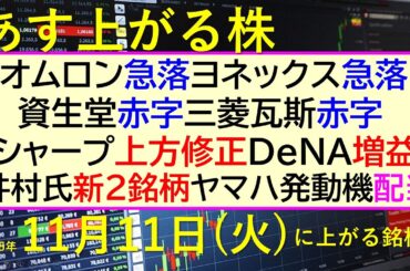 あす上がる株　2025年１１月１１日（火）に上がる銘柄。井村２銘柄。オムロン急落。ヨネックス急落。資生堂赤字。三菱瓦斯赤字。シャープ上方。DeNA増益～最新の日本株情報。高配当株の株価やデイトレ情報～