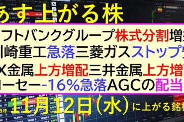 あす上がる株　2025年１１月１２日（水）に上がる銘柄。ソフトバンクグループ株式分割増益。川崎重工急落。三菱ガスＳ安。ＪＸ金属上方。三井金属上方～最新の日本株情報。高配当株の株価やデイトレ情報～