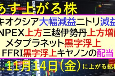 あす上がる株　2025年１１月１４日（金）に上がる銘柄。キオクシア大幅減益。ニトリ減益。ＩＮＰＥＸ上方。三越伊勢丹上方増配。メタプラネット黒字浮上～最新の日本株情報。高配当株の株価やデイトレ情報～