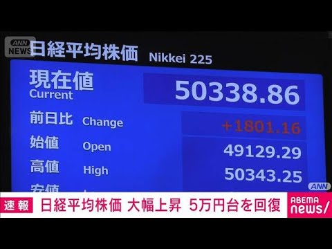 日経平均 一時1800円超上昇 5万円台回復(2025年11月20日) 日経平均 一時1800円超上昇 5万円台回復(2025年11月20日)