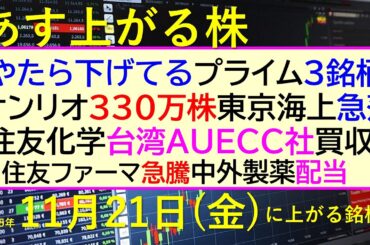 あす上がる株　2025年１１月２１日（金）に上がる銘柄。プライム下げ３銘柄。サンリオ３３０万株。東京海上急落。住友化学台湾企業買収。住友ファーマ急騰～最新の日本株情報。高配当株の株価やデイトレ情報～