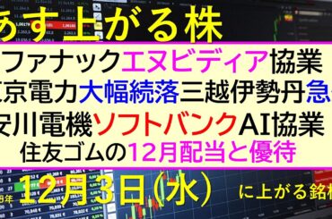 あす上がる株　2025年１２月３日（水）に上がる銘柄。ファナックエヌビディア協業。東京電力、三越伊勢丹急落。安川電機ソフトバンク協業。住友ゴムの配当～最新の日本株情報。高配当株の株価やデイトレ情報～