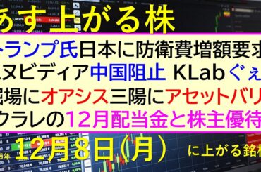 あす上がる株　2025年１２月８日（月）に上がる銘柄。トランプ氏日本に防衛費増額要求。ＫＬａｂ増資。堀場にオアシス、三陽にアセットバリュ。クラレの配当～最新の日本株情報。高配当株の株価やデイトレ情報～