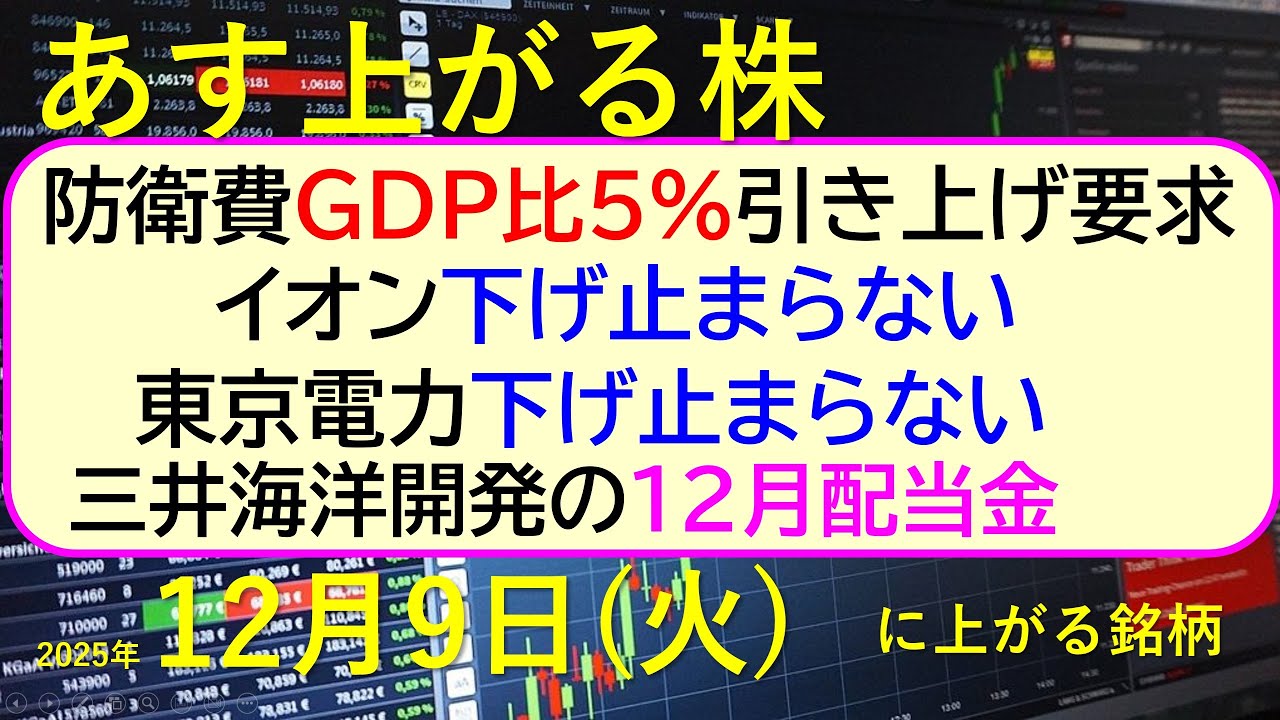 あす上がる株 2025年12月9日(火)に上がる銘柄。防衛費GDP比5%引き上げ要求。イオン下げ止まらない。東京電力下げ止まらない。三井海洋開発の配当~最新の日本株情報。高配当株の株価やデイトレ情報~ あす上がる株 2025年12月9日(火)に上がる銘柄。防衛費GDP比5%引き上げ要求。イオン下げ止まらない。東京電力下げ止まらない。三井海洋開発の配当~最新の日本株情報。高配当株の株価やデイトレ情報~