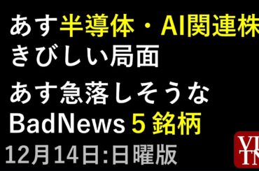 あす半導体・AI関連株きびしい局面。あす急落しそうなBadNews５銘柄。決算スケジュール２週間分。12月14日（日曜版）～あす上がる株。最新の日本株情報～