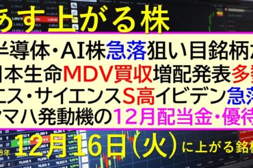 あす上がる株　2025年１２月１６日（火）に上がる銘柄。日本生命ＭＤＶ買収。半導体・AI株急落。エス・サイエンスS高。イビデン急落。ヤマハ発動機の配当～最新の日本株情報。高配当株の株価やデイトレ情報～