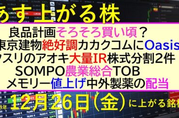 あす上がる株　2025年１２月２６日（金）に上がる銘柄。良品計画買い？東京建物好調。カカクコムOasis。クスリのアオキIR。ＳＯＭＰＯTOB。中外～最新の日本株情報。高配当株の株価やデイトレ情報～