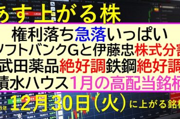 あす上がる株　2025年１２月３０日（火）に上がる銘柄。権利落ちの急落がいっぱい。ソフトバンクGと伊藤忠、株式分割。武田薬品、絶好調。鉄鋼、絶好調。～最新の日本株情報。高配当株の株価やデイトレ情報～