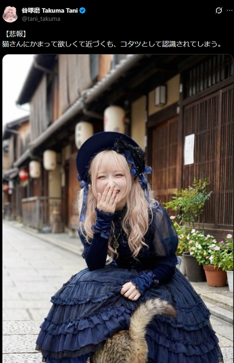 【画像】48歳女の子「ゴスロリファッションで京都に行って猫さんと遊んできました♡」