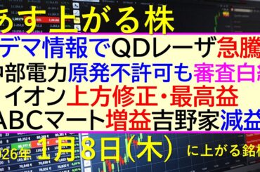 デマ情報でＱＤレーザ急騰。中部電力不許可も。イオン上方修正・最高益。ABCマート増益。吉野家減益～あす上がる株　2026年１月８日（木）に上がる銘柄。～最新の日本株情報。高配当株の株価やデイトレ情報～